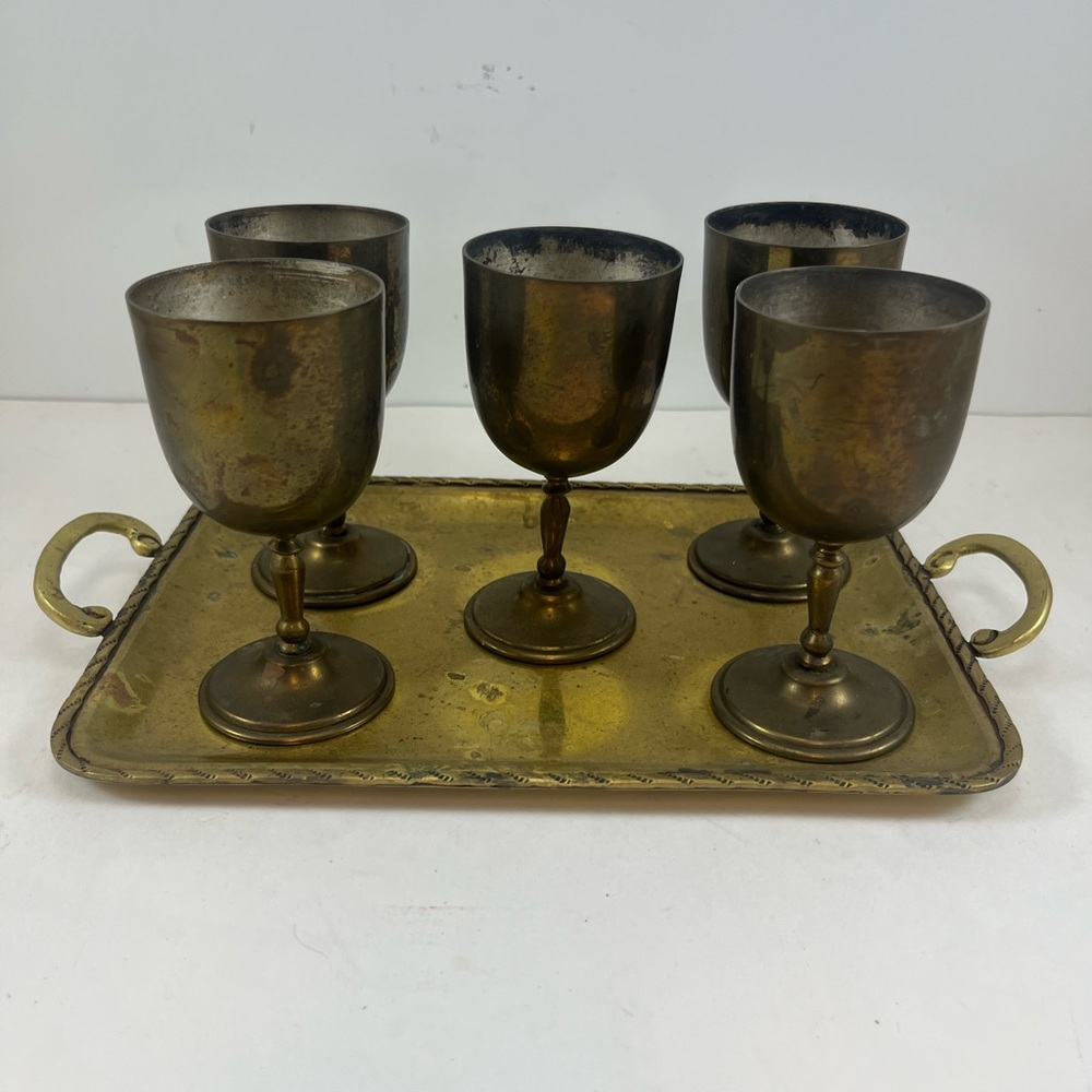 Vintage Brass Goblet Set with Tray